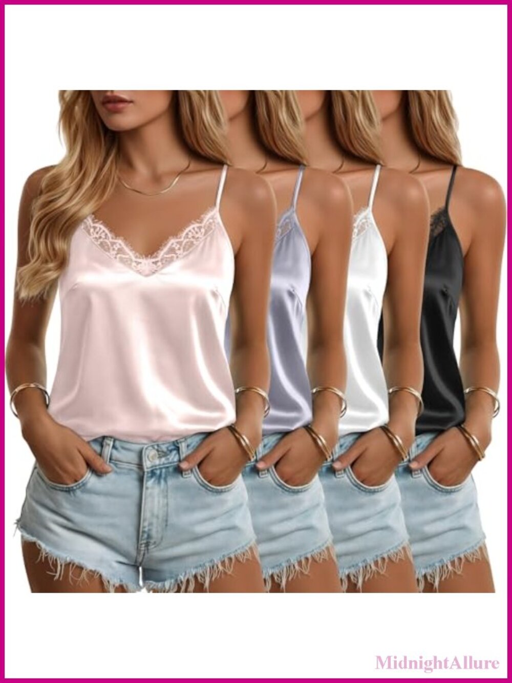 4 Pack Satin Camisole Lace Trim Tank Top Adjustable Spaghetti Strap